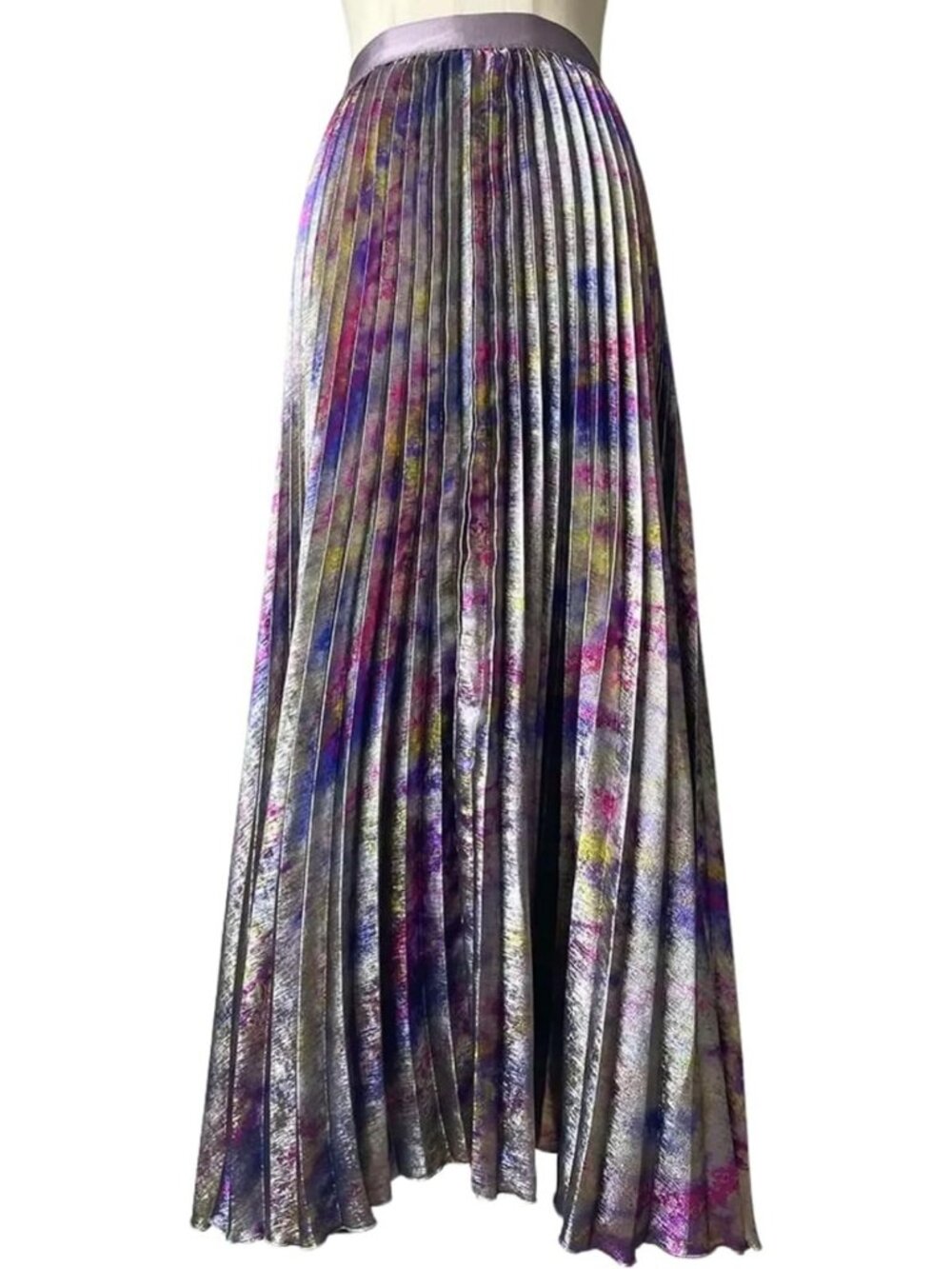 Shiny Metallic Pleated Midi Skirt - High Waist A-Line Swing Skirt for Women